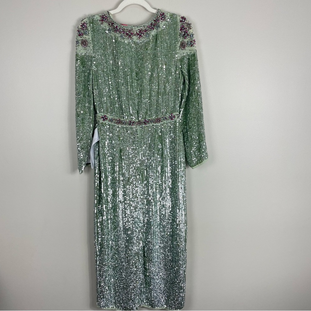 Mac Duggal Floral Beaded Dress Women 4 Sequins Tea Length Sage Green Long Sleeve - Picture 4 of 13